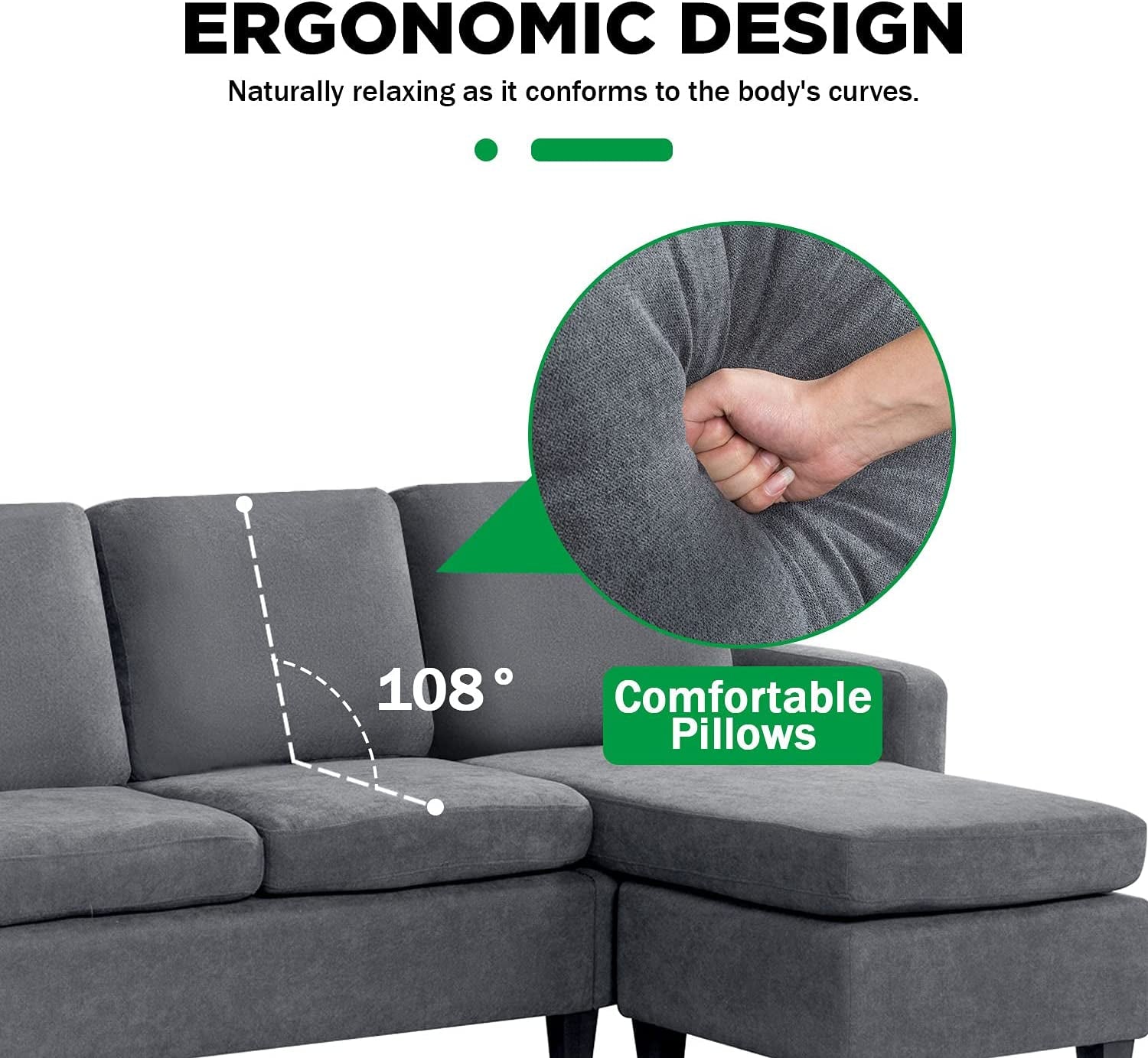 Sofa Sectional Sofa Furniture Set Futon Sofa Modern Convertible L-Shaped Couches Sofa Set Fabric Sofa Corner Sofa with Upholstered Contemporary for Living Room (Grey)