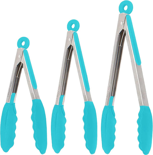 Silicone Kitchen Tongs for Cooking with Silicone Tips, Heat Resistant Tongs for Serving Food, 7-Inch, 9-Inch, 12-Inch Locking Tongs, Set of 3 Salad Tongs, Aqua Sky Kitchen Utensils