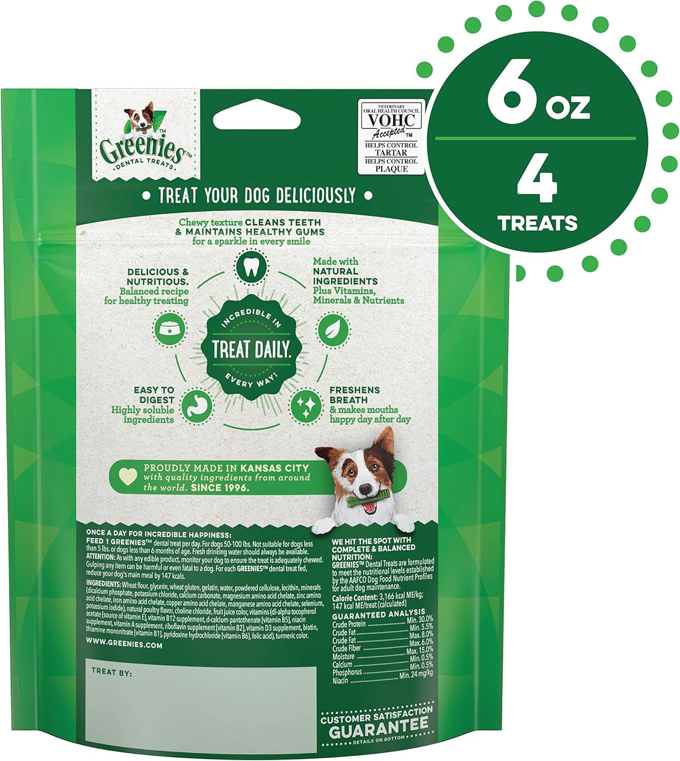 Original Large Natural Dog Dental Care Chews Oral Health Dog Treats, 6 Oz. Pack (4 Treats)