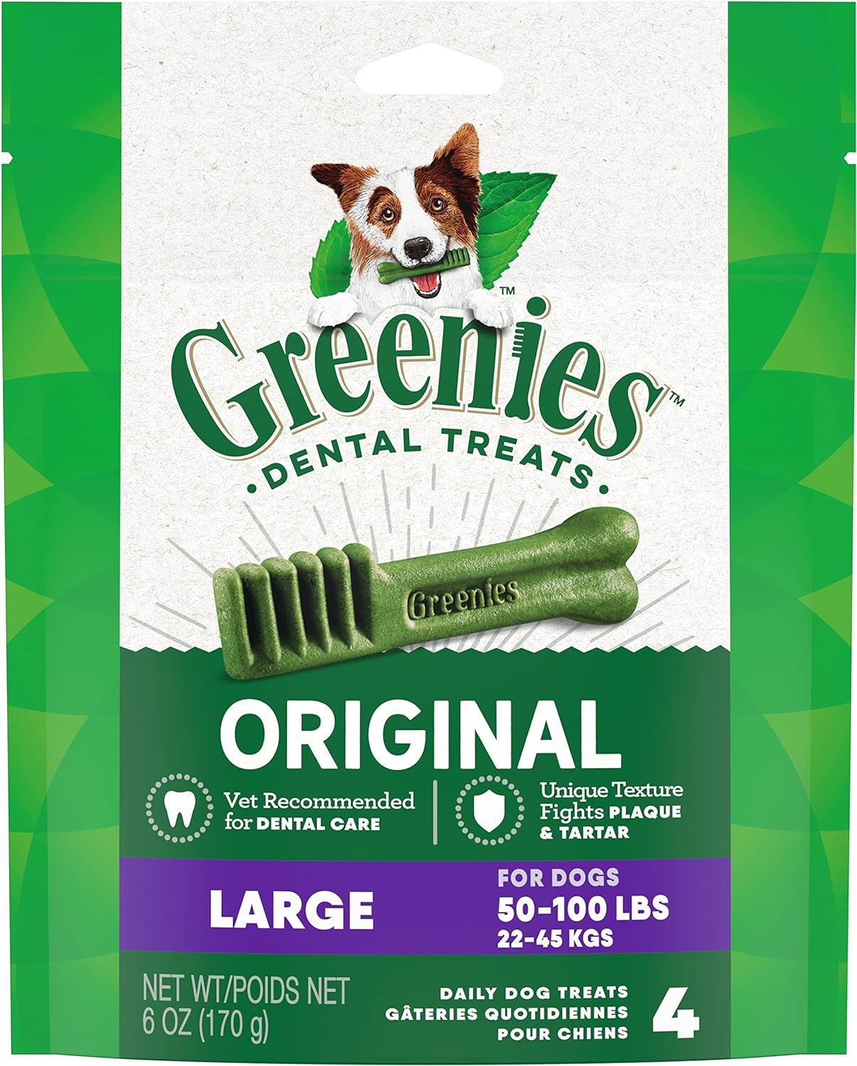 Original Large Natural Dog Dental Care Chews Oral Health Dog Treats, 6 Oz. Pack (4 Treats)